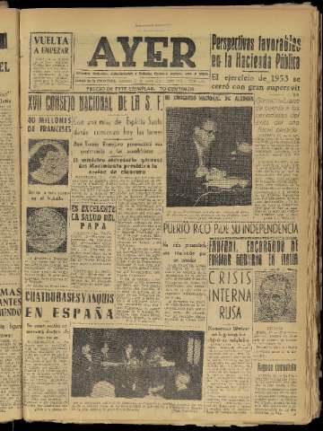 'Ayer : diario informativo de la mañana' - Año XIX Número 5447 - 1954 enero 13