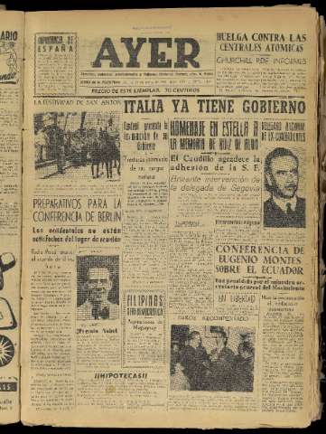 'Ayer : diario informativo de la mañana' - Año XIX Número 5452 - 1954 enero 19